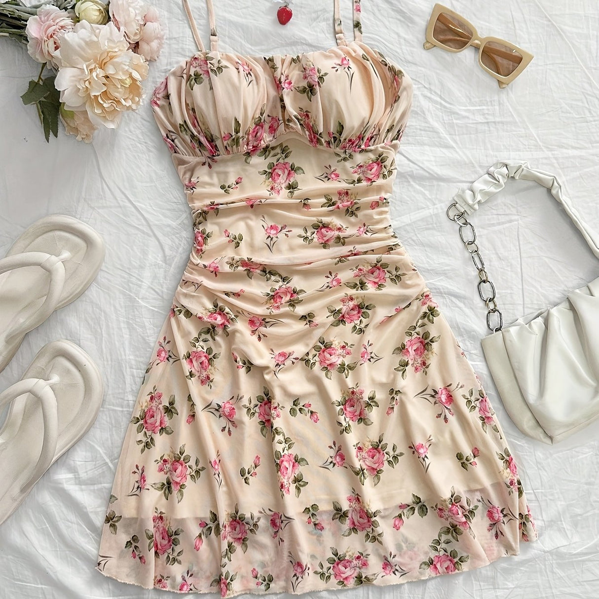 Elegant Floral Ruched A-Line Mini Dress for Women - Lightweight Summer Breeze, Perfect for Parties, Dates, Valentine'S Day, Easter, Mardi Gras, Beach Outings, Cruise, and Afternoon Tea, Elegant Outfit, Dress
