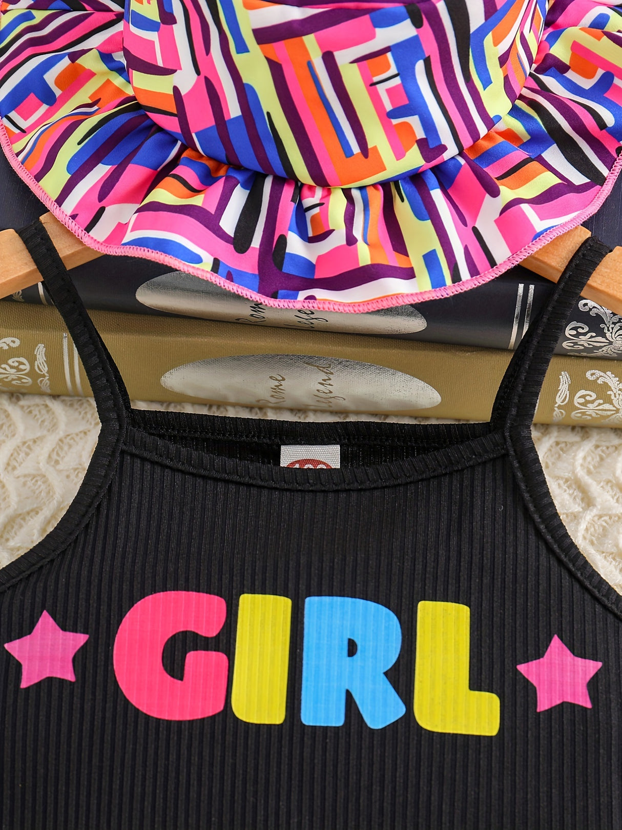 Toddler Girl's Geometric Pattern 3pcs, Ribbed Cami Top & Hat & Belted Shorts Set, Street Style Casual Outfits, Kids Clothes For Summer Vacation Music Festival