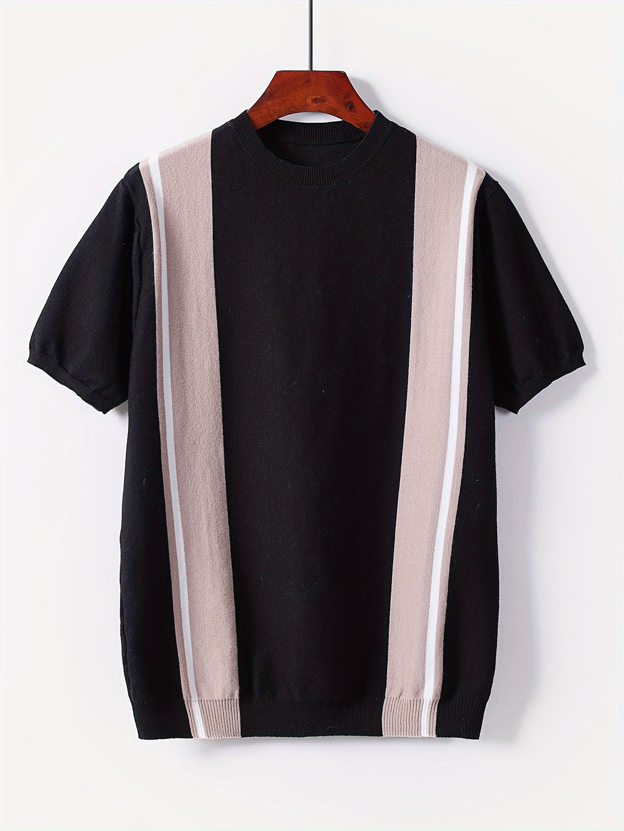 Color Block Chic Knit Shirt, Men's Casual Crew Neck High Stretch V-Neck Pullover Sweater For Men Spring Fall