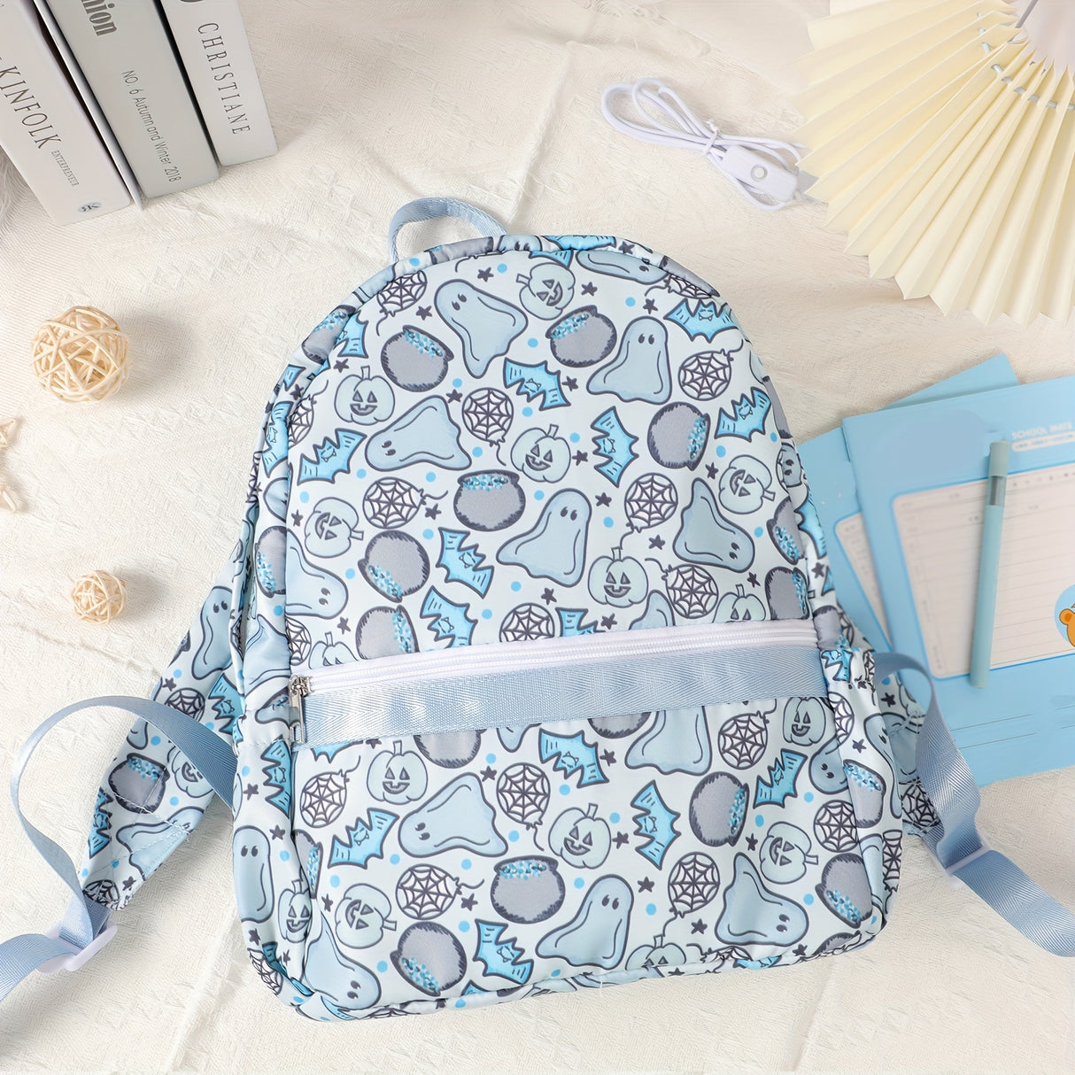 Halloween Charm Backpack - Cute Ghost & Skull Pumpkin Print, Lightweight Large Capacity School Bag with Adjustable Straps and Lace Detail