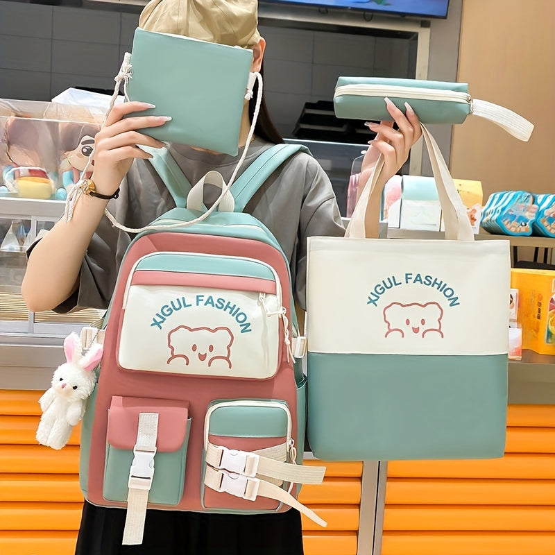 New casual backpack women's four-piece backpack backpack Korean version contrasting simple and versatile canvas school bag