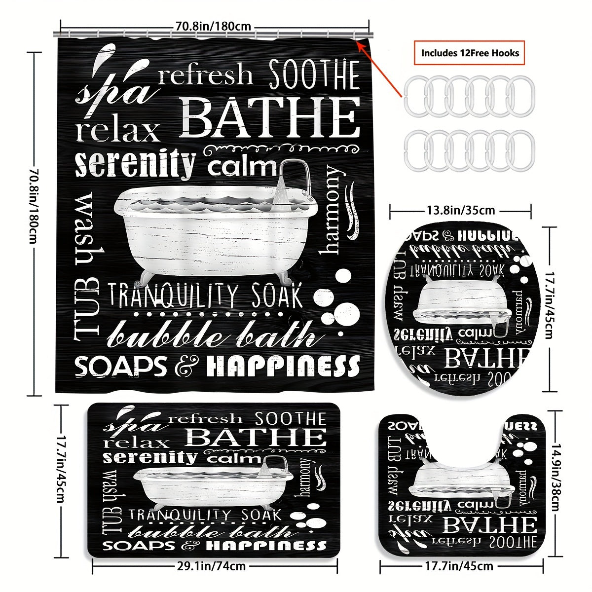 4-Piece Bathroom Shower Curtain Set - Complete Bathroom Essentials Bundle with Waterproof Shower Curtain, Non-Slip Toilet Floor Mat, Stylish Bathroom Decor, and Easy-to-Install 12 Shower Curtain Hooks - Perfect Gift for Frien