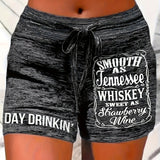 Two-Pocket Whiskey Letter Print Drawstring Track Shorts - Stretchy Casual Polyester Shorts for Women, All-Season Wear, Lace-Up Closure, Alphabet Pattern, Position Printing, Knit Fabric, Medium Stretch, No Sheer