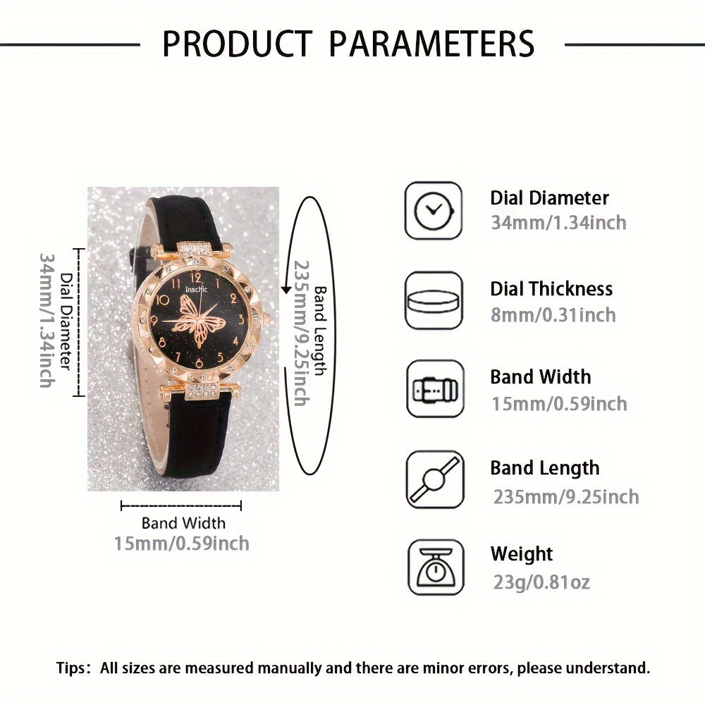 6 Pcs Elegant And Fashionable Watch Leather Strap Quartz Watches With Exquisite Butterfly Jewelry Set Gift For Friends