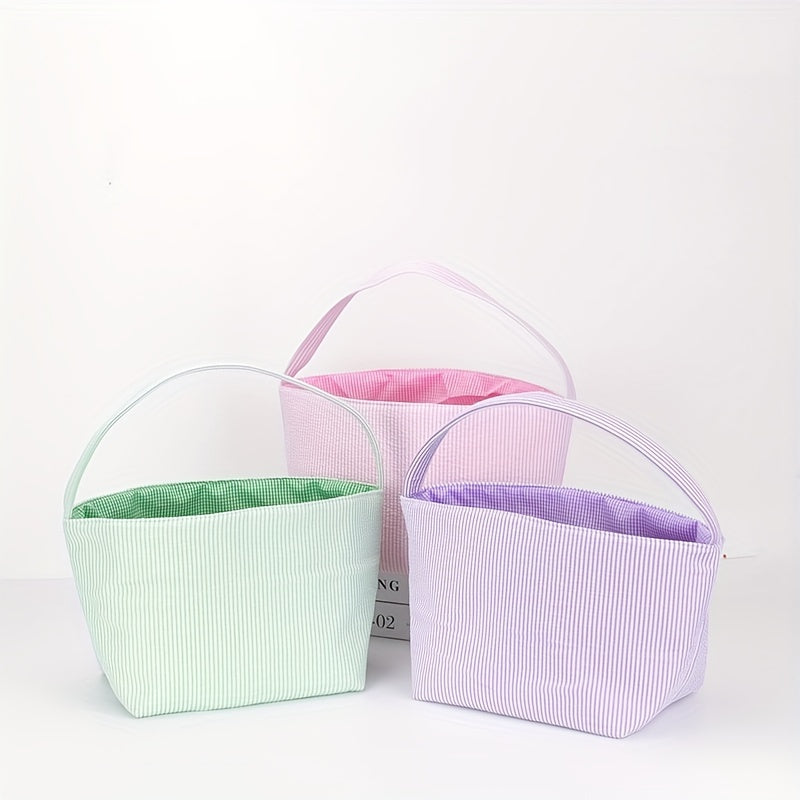 1pc Large Capacity Tote Bag, Easter Gift Bag, Easter Eggs Storage Bucket, Striped Seersucker Bunny Bag, Hunting Easter Eggs Handbag, Easter Party Decorations Gifts Bag, Party Tote Bags, Easter Gift Party Supplies