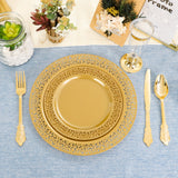 210pcs Solid Golden Disposable Plates with Golden Plastic Silverware and Cups for Party, Golden Plastic Plates Include: 30 Dinner Plates 30 Dessert Plates 30 Rolled Napkins with Cutlery 30 Cups