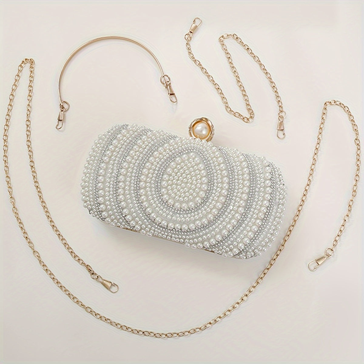 Elegant Striped Fabric Clutch Bag with Beaded Embellishment - Adjustable Strap, Lining, Buckle Closure - Perfect for Wedding Party, Prom, Formal Evening Events