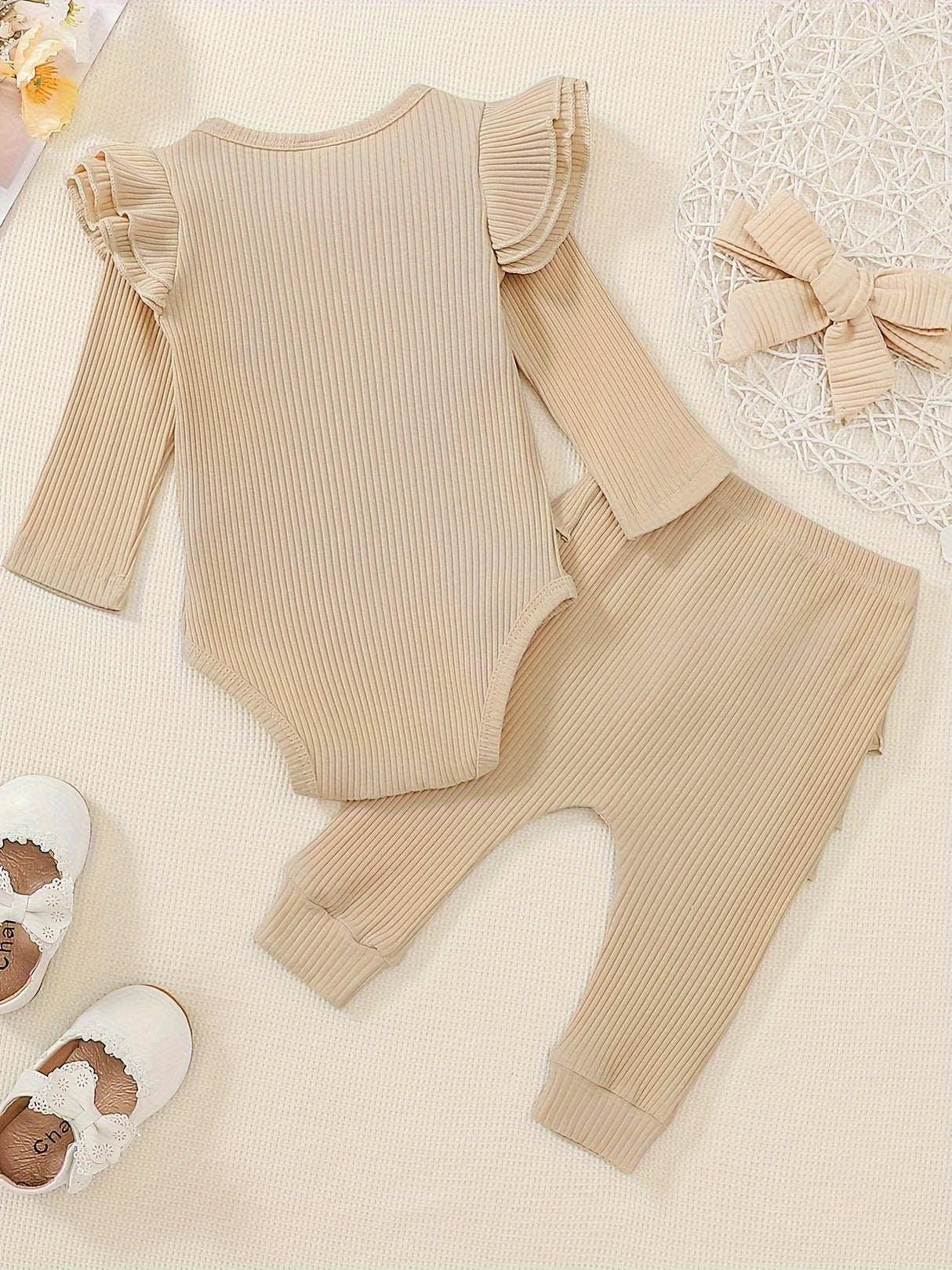 Baby Girl Clothes Newborn Romper Long Sleeve Infant Outfits 3pcs Ruffle Tops + Pants + Headband 0-18 Months, Infant Fall Wear | Bow Adorned Outfit | Soft Newborn Clothes, Newborn Girl Clothes, Perfect for Outdoor