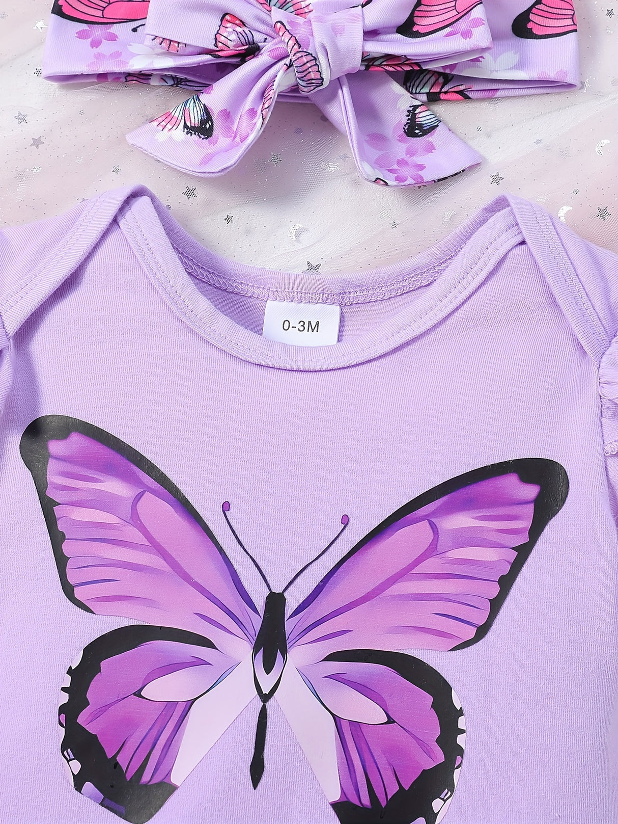 Baby Girl Butterfly Pattern Onesie, bow lace shorts, hair band three-piece set
