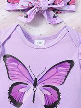 Baby Girl Butterfly Pattern Onesie, bow lace shorts, hair band three-piece set