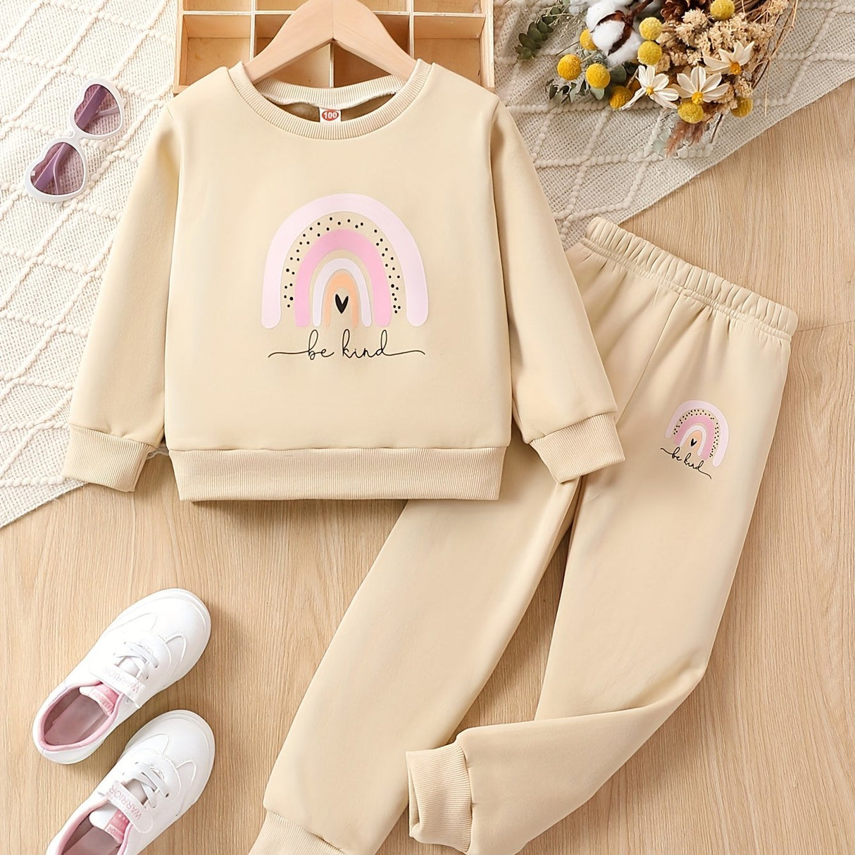 Girls 2pcs "Be Kind" And Rainbow Print Top & Jogger Pants Set, Thick Outfits Kids Clothes For Sports Spring Fall Winter