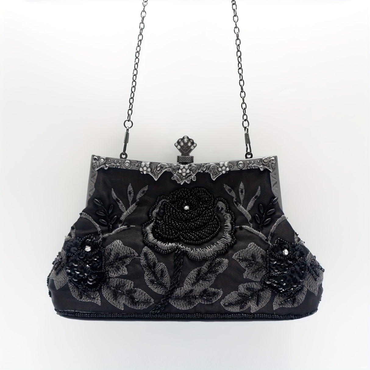 Vintage Floral Embroidered Clutch Handbag, Removable Strap, Buckle Closure, Polyester Lining, Dark Green Champagne Silvery Grey Burgundy Black Grey Golden Blue for Wedding Party