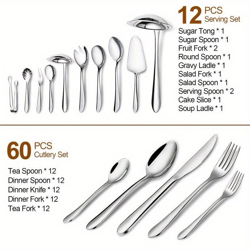 Elegant 72-Piece Silverware Set, Stainless Steel Flatware Set for 12 Guests - Comprehensive Cutlery and Serving Utensils Set, Dishwasher Safe