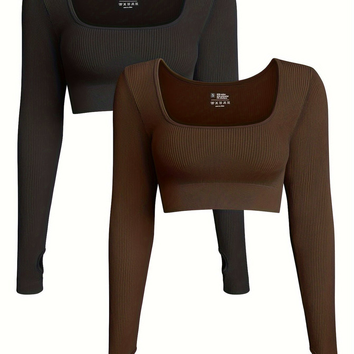 OQQ Women's 2 Piece Crop Top Ribbed Seamless Workout Exercise Long Sleeve Crop Tops