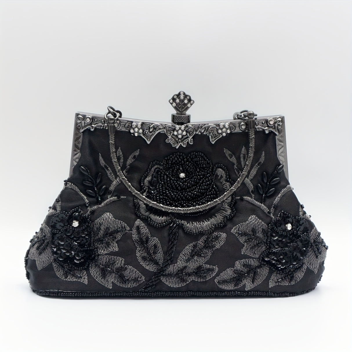 Vintage Floral Embroidered Clutch Handbag, Removable Strap, Buckle Closure, Polyester Lining, Dark Green Champagne Silvery Grey Burgundy Black Grey Golden Blue for Wedding Party