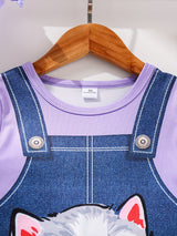 Cute Kitty Whimsy Dress - 3D Graphic, Suspender Design, Round Neck, Short Sleeves, Comfortable Fabric for Little Girls' Summer Daily Wear