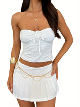 Women's Sexy Summer Two Piece Skirt Set Drawstring Tube Crop Tops Low Waist Ruffle Mini Skort Skirts Sets
