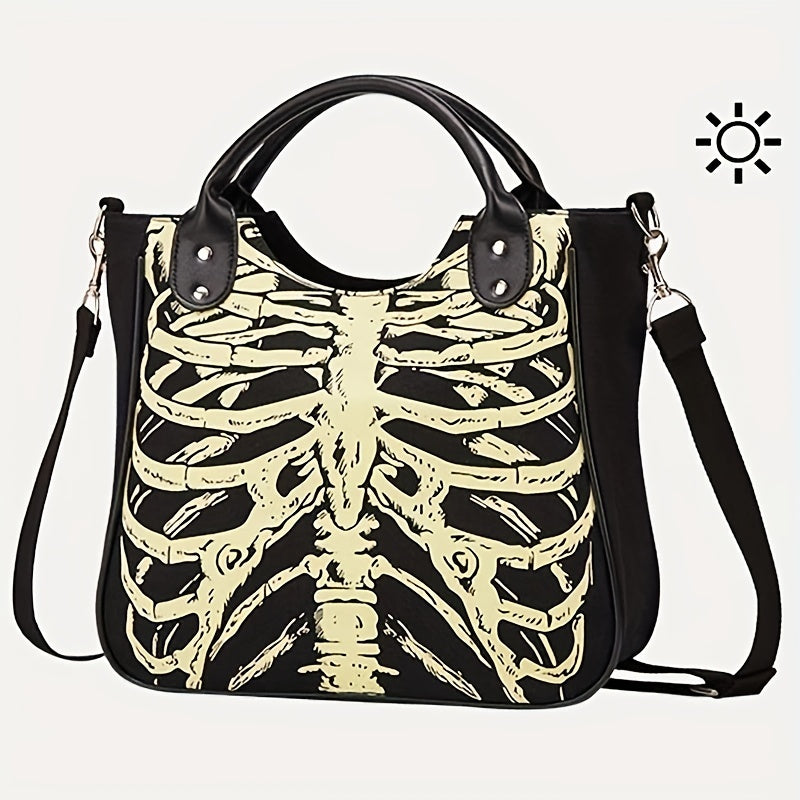Goth Grunge Skeleton Durable Crossbody Bag, Rib Pattern Canvas Large Capacity Trendy Handbag, Halloween Portable Double Handle Tote Bag