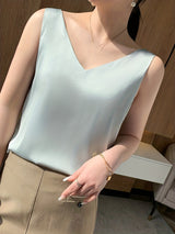 Elegant Summer V-Neck Tank Top for Women: Chic Sleeveless, Sexy Slingback Design, Polyester-Spandex Blend