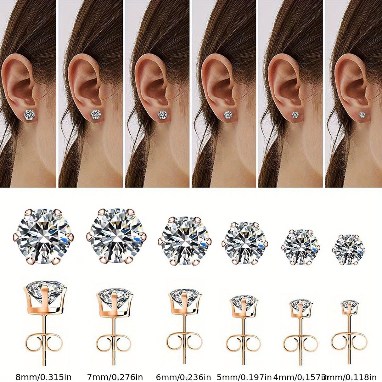Sparkling Stainless Steel 6-Prong zirconia Stud Earrings Hypoallergenic Daily Decor Earrings 18K Gold Plated Ear Bone Buckle Jewelry