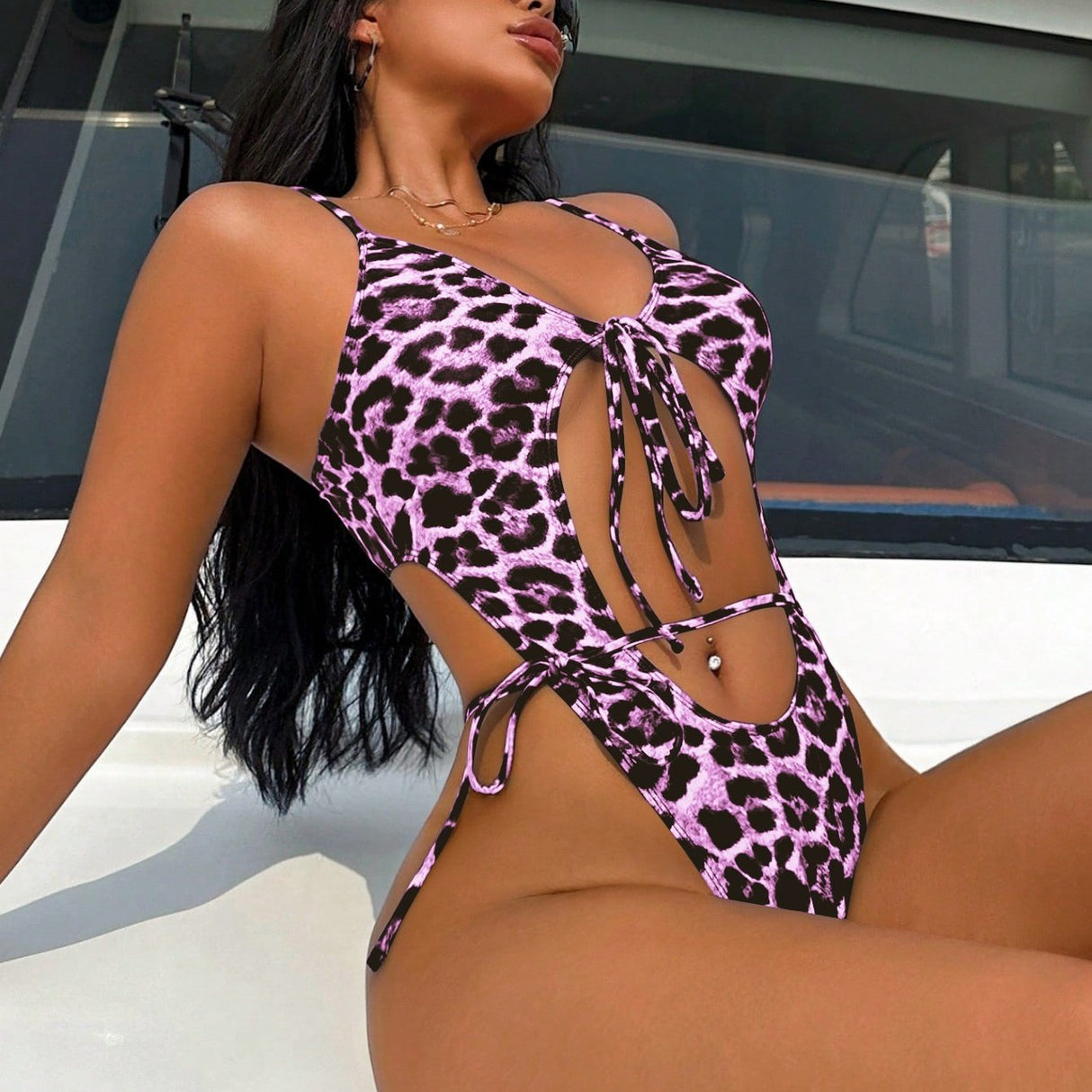 2025 Sexy Leopard Print Lace-Up Front One-Piece Swimsuit for Women - Adjustable Straps, Medium Stretch Vacation-Ready Swimsuit, Hand Wash Only