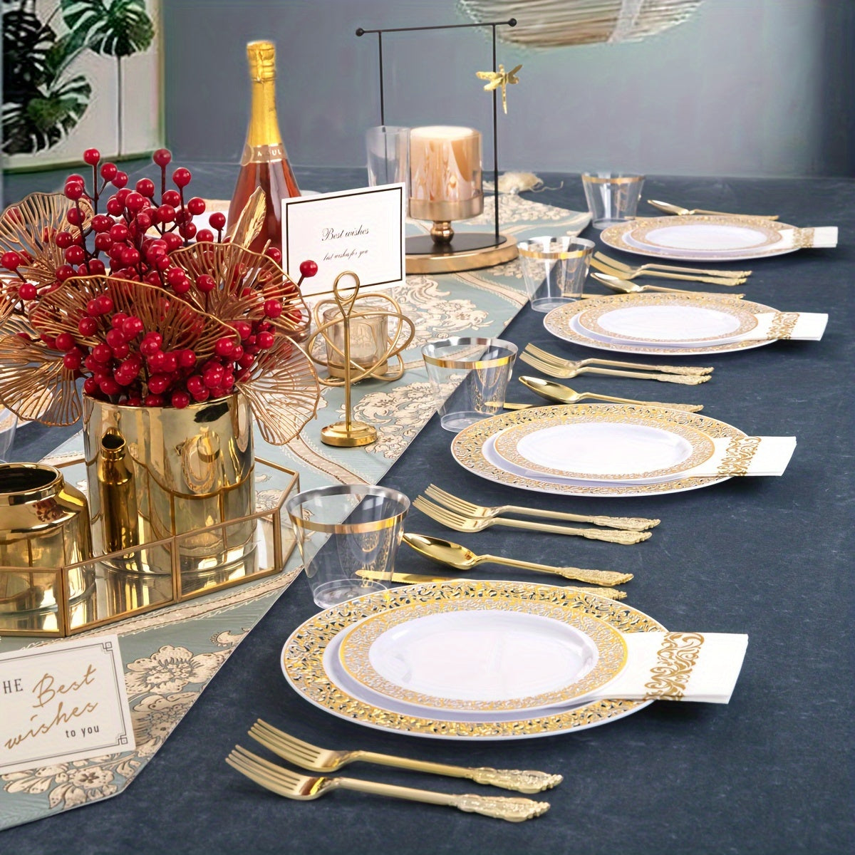 350 Piece Disposable Plastic Dinnerware Set, Golden Lace Design, 50 Dinner Plates, 50 Dessert Plates, 50 Golden Silverware, 50 Golden Cups, 50 Napkins for Thanksgiving Party