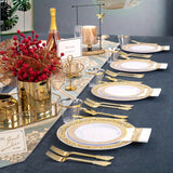350 Piece Disposable Plastic Dinnerware Set, Golden Lace Design, 50 Dinner Plates, 50 Dessert Plates, 50 Golden Silverware, 50 Golden Cups, 50 Napkins for Thanksgiving Party