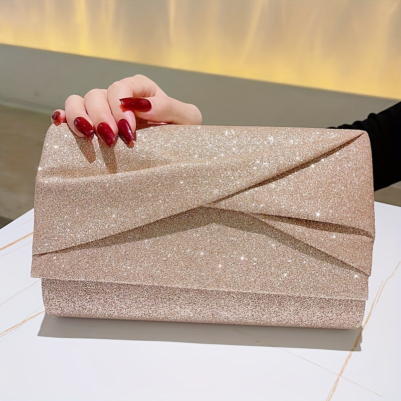 Sparkling Ruched Evening Clutch Bag - Glitter Envelope Purse for Women, Perfect for Cocktail Party, Carnaval, Wedding, Music Festival, and Formal Occasions