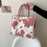 Plush Cow Pattern Tote Bag, Y2K Vintage Shoulder Bag, Fluffy Faux Fur Handbag For Women