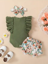 Adorable "Happy's Girl" Cotton Blend Newborn Outfit Set - Ribbed Romper with Flutter Sleeves, Floral Shorts & Matching Headband, Machine Washable - Perfect for Spring/Summer, Newborn Summer Outfit|Floral Baby Clothes|Cotton B