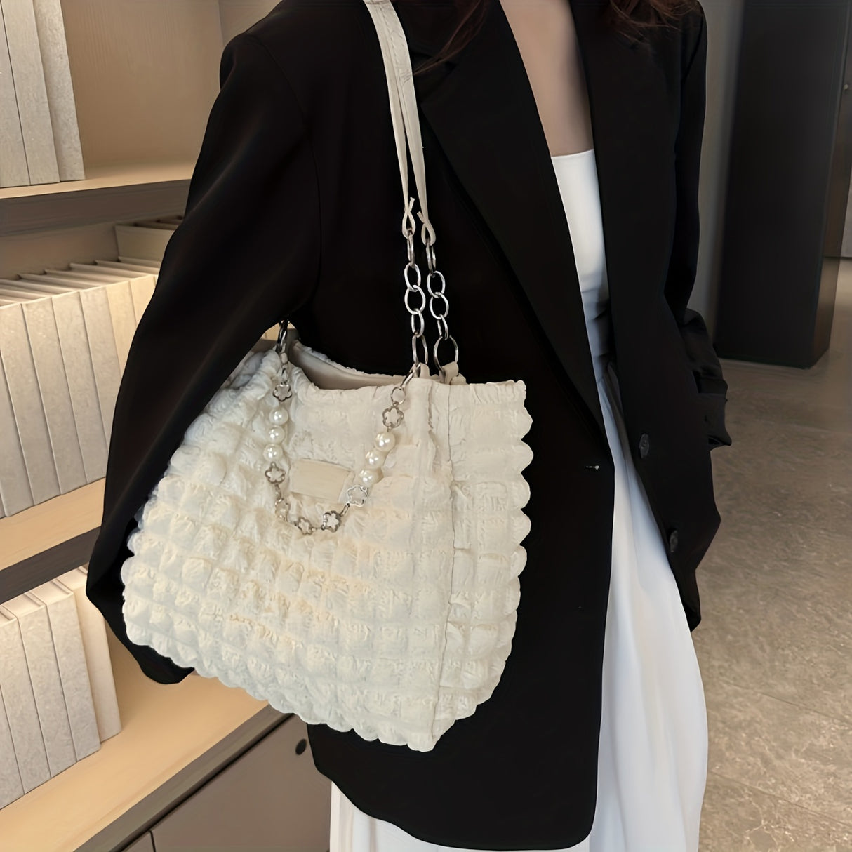 Pleated Bubble Shoulder Bag, Aesthetic Cloud Ruched Tote Bag, Fashion Soft Handbag For Women