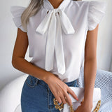 Bow Tie Flutter Sleeve Blouse, Elegant Sleeveless Solid Ruffle Trim Blouse, Women's Clothing Wedding holiday vacation