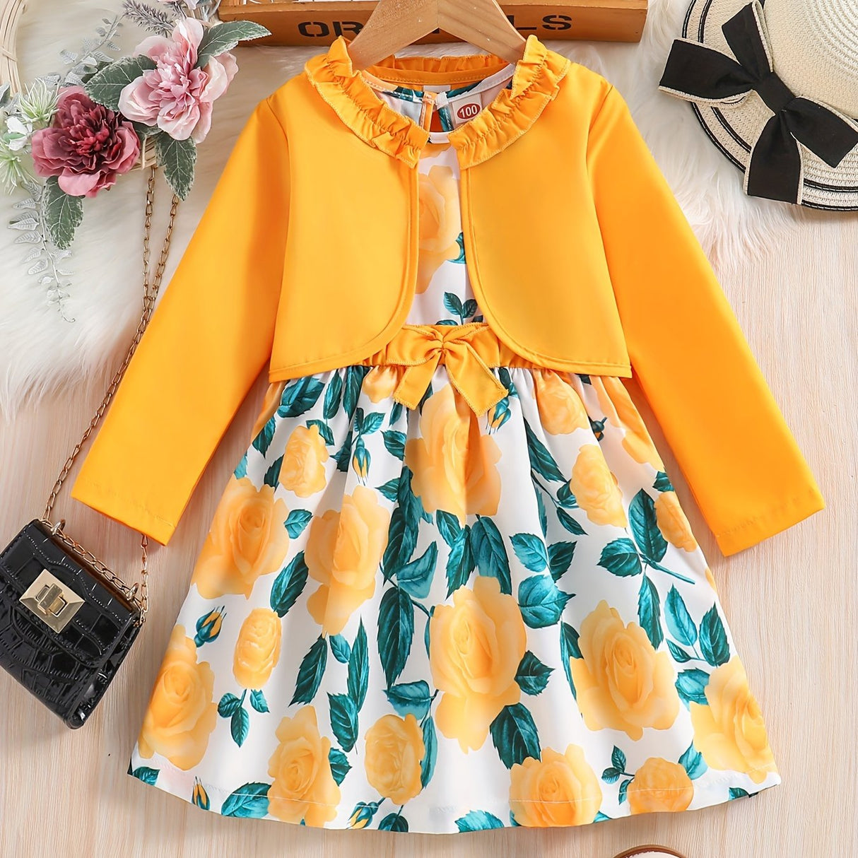 Girls' 2pc Solid Long Sleeve Cardigan & Flora Dress, Comfy Outfits Kids Clothes For Fall Party