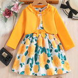 Girls' 2pc Solid Long Sleeve Cardigan & Flora Dress, Comfy Outfits Kids Clothes For Fall Party
