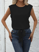 Chic Keyhole Back Tie Front Blouse - Effortless Casual Style with Classic Crew Neck Design - Perfect for Womens Spring and Summer Fashion