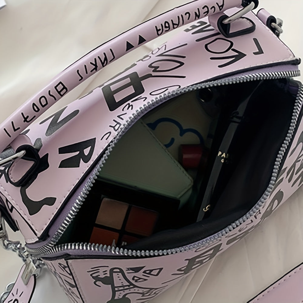 Vibrant Graffiti Small Zipper Box Crossbody Handbag for Women - Trendy Chain Strap, Stylish Design, Compact Size, Easy-Close Zipper, Perfect for Daily Use - Ideal Accessory for Fashion-Conscious Ladies