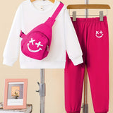 Girls 3pcs Trendy Sets, Solid Sweatshirt & Jogger Pants & Bag Sets Kids Clothes For Autumn Outdoor Sports