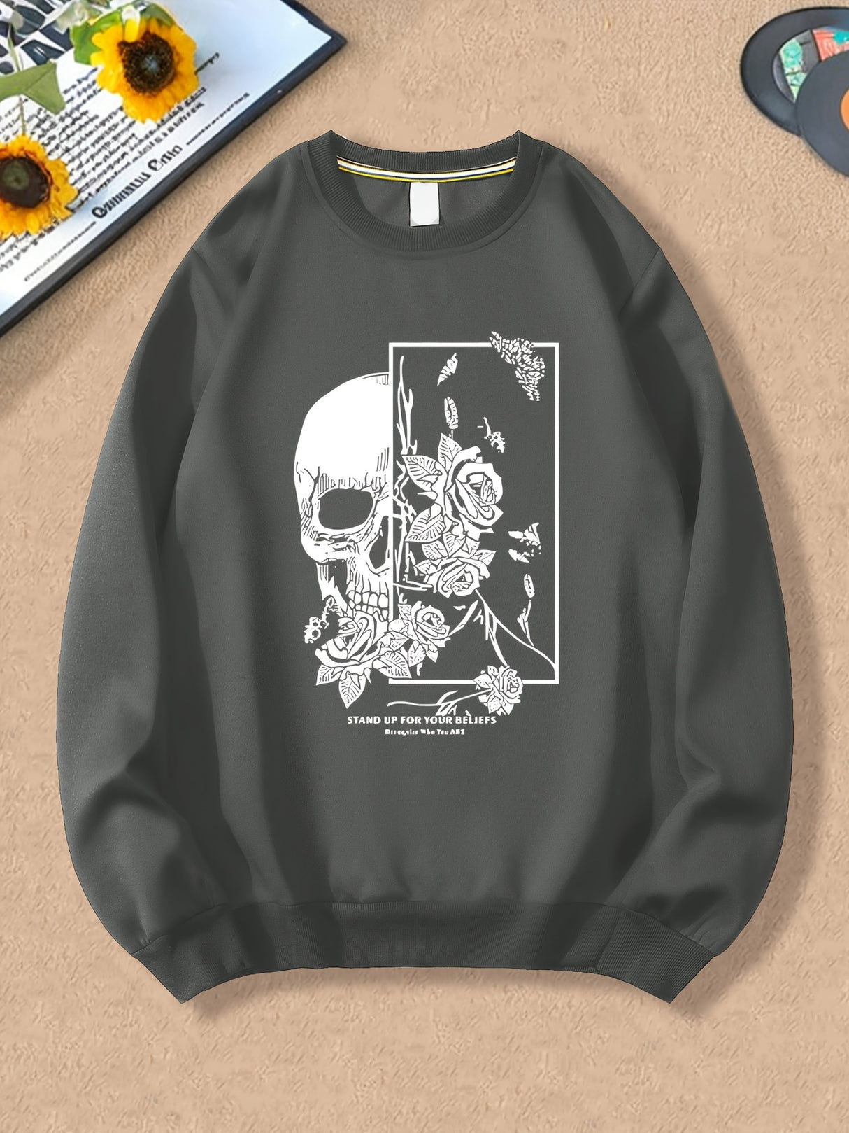 Spring And Autumn, Men'S Fashion Crew Neck Sweater, Skull Rose Letter Print Pattern, Outdoor Wear Inside And Outside With The Same Crew Neck Sweater For Men And Women