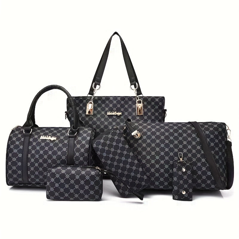 6pcss/set Designer Inspired PU Leather Keychain Wallet Set: Wristlet, Handbag, Crossbody, Tote, Duffle Bag