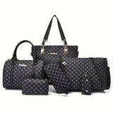 6pcss/set Designer Inspired PU Leather Keychain Wallet Set: Wristlet, Handbag, Crossbody, Tote, Duffle Bag