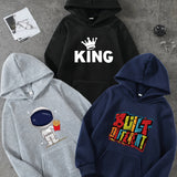 3pcs KING & BUILT DIFFERENT & Astronaut Print Boys Warm Fleece Hoodies, Long Sleeve Sweatshirt Top, Trendy Style, Boys Clothes For Spring Fall Winter