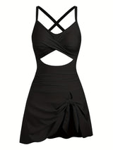 1pc Elegant One-Piece Swimsuit for Women, High Stretch Polyamide Knit Fabric, Solid Color with Hollow Cross Strap Detail and Skirt Style