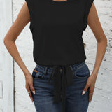 Chic Keyhole Back Tie Front Blouse - Effortless Casual Style with Classic Crew Neck Design - Perfect for Womens Spring and Summer Fashion