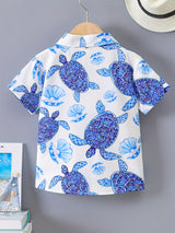Hawaiian Holiday Turtle And Shell Print Boys Creative Shirt, Casual Short Sleeve Lapel Shirt Tops, Boys Clothes For Summer Outdoor