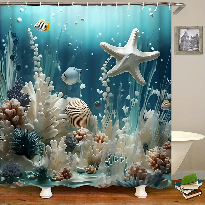 1/4pcs Ocean Breeze Blue Coral Print Shower Curtain Set - Water-Resistant, Non-Slip, Decorative Bathroom Essentials With 12 Hooks - Polyester, Unlined, Grommet Top, Woven Weave, All-Season Bathroom Accessories For Home Decora