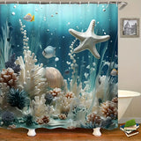 1/4pcs Ocean Breeze Blue Coral Print Shower Curtain Set - Water-Resistant, Non-Slip, Decorative Bathroom Essentials With 12 Hooks - Polyester, Unlined, Grommet Top, Woven Weave, All-Season Bathroom Accessories For Home Decora