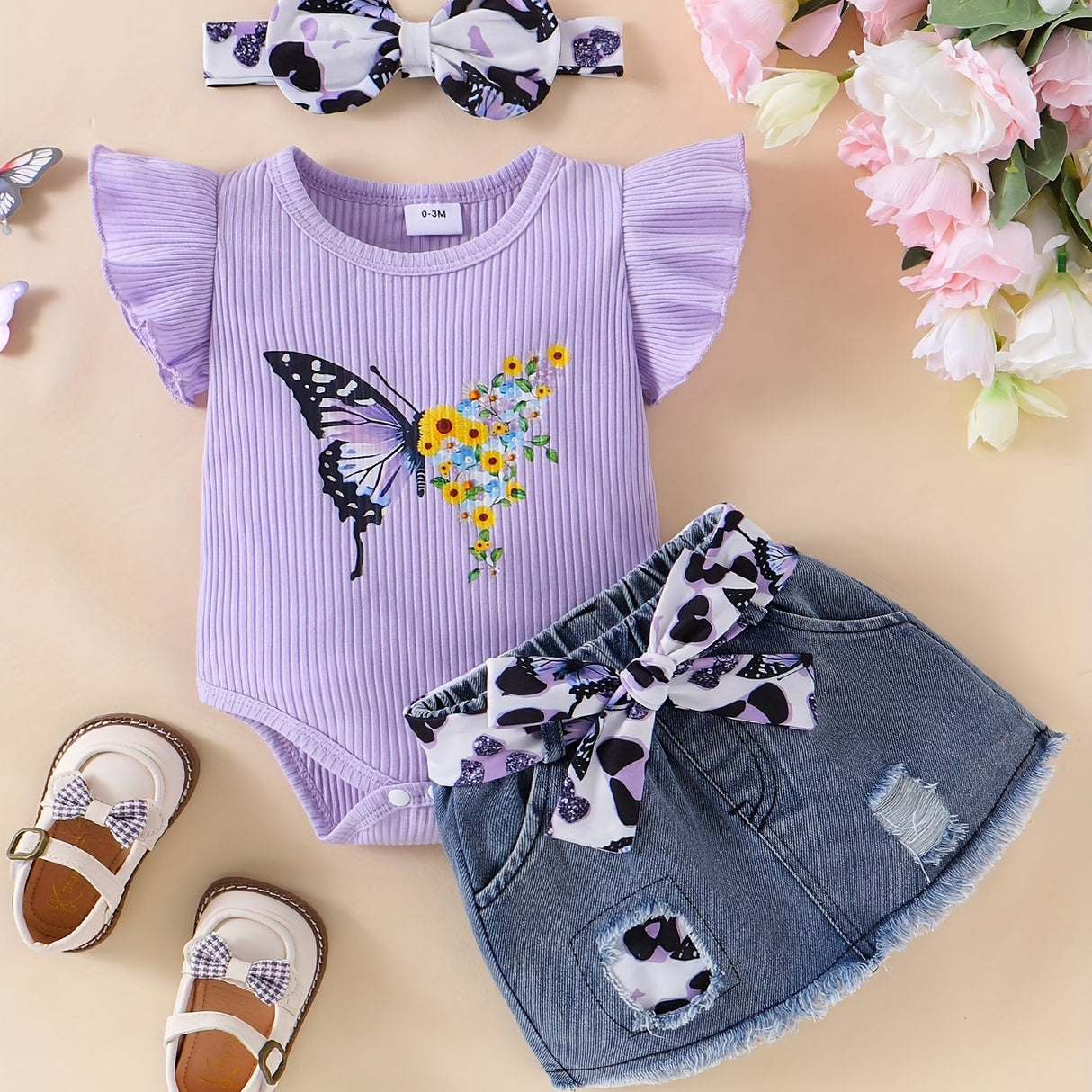 Baby Girl Clothes Newborn Short Sleeve Ruffle Romper Short Jeans Pants Leporad Infant Outfits 3pcs
