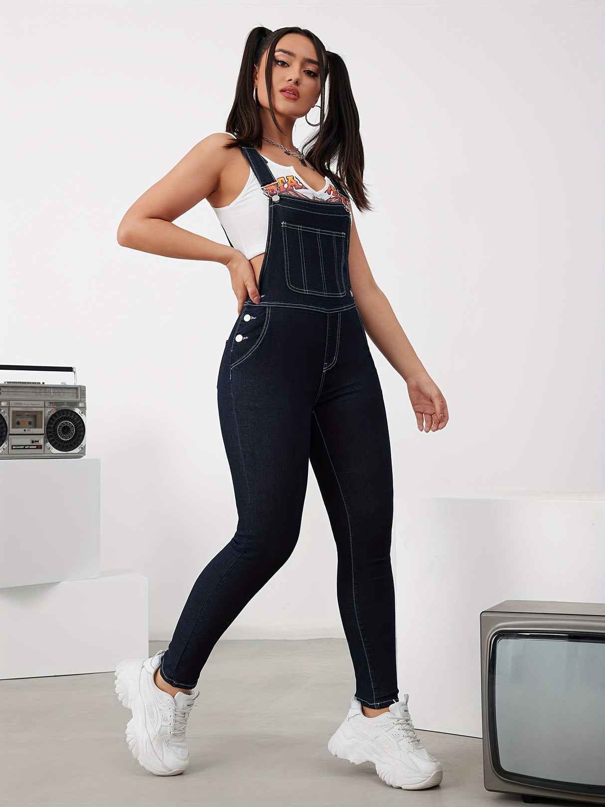 Side Button High Elastic Denim Overalls, Adjustable Strap Elegant Fitting Denim Jumpsuits, Women's Denim Jeans & Clothing