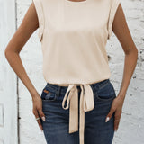 Chic Keyhole Back Tie Front Blouse - Effortless Casual Style with Classic Crew Neck Design - Perfect for Womens Spring and Summer Fashion
