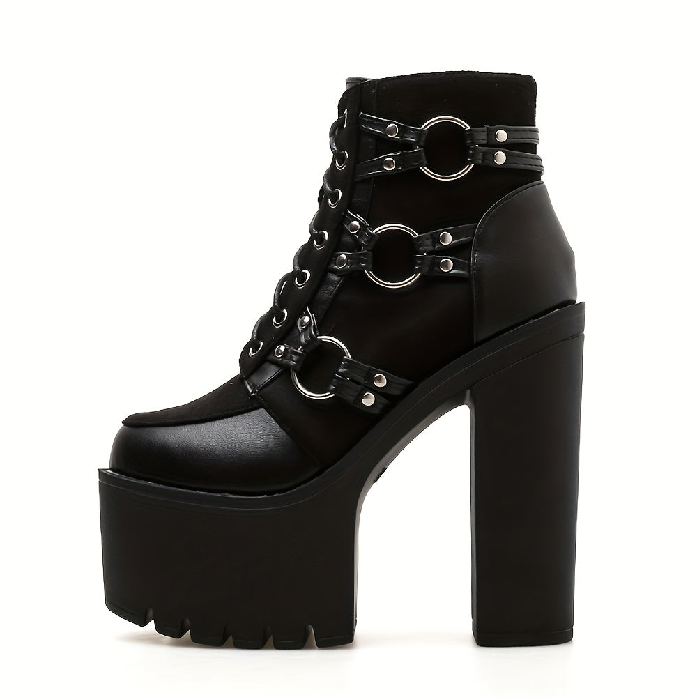 [High Heel Goth Motorcycle Boots] Women's Goth Motorcycle High Heel Boots, Block Heels Lace Up And Zipper Round Toe Platform Ankle Boots, Y2K Style Boots
